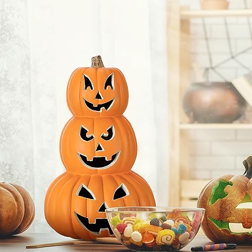 Halloween Pumpkin Decor 3-Tier 14-Inch Jack O Lantern with LED Lights - Orange