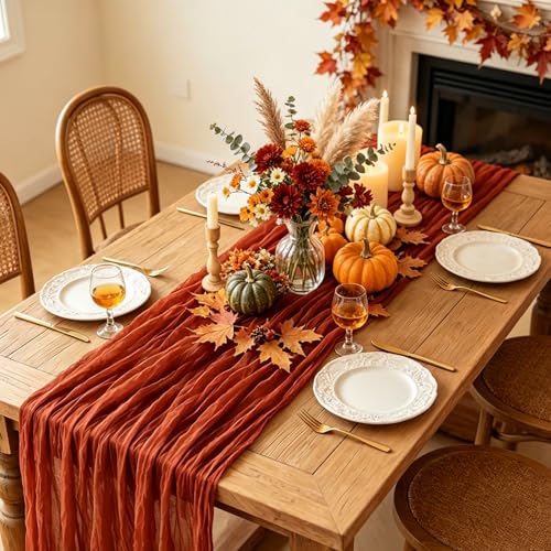 Fall Table Runner 10FT Terracotta Cheesecloth for Thanksgiving & Autumn Decor - 3Pcs