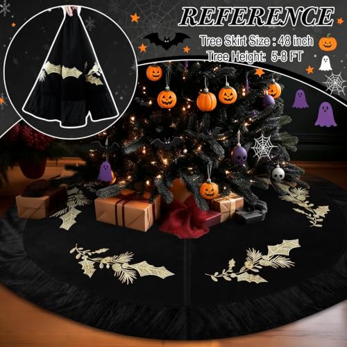 Black Velvet Christmas Tree Skirt 48 Inch with Gold Embroidered Holly - Luxury Holiday Decor