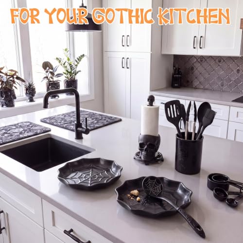 Spiderweb Spoon Rest for Stove Top - Gothic Ceramic Kitchen Utensil Holder, Halloween Decor - Black, Variation: Spiderweb