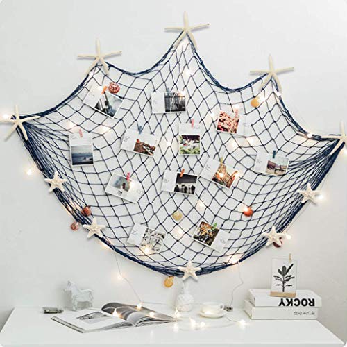 Large Blue Fish Net Wall Decoration with Colorful Sea Shells and Starfish - Mediterranean Nautical Style
