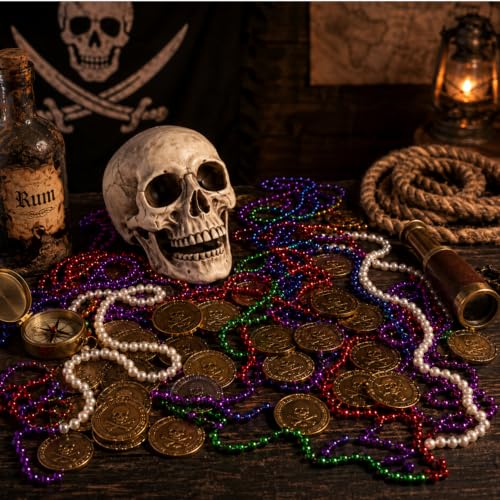 Pirate Treasure Party Decorations Kit with Coins Beads and Skull - Halloween & Birthday
