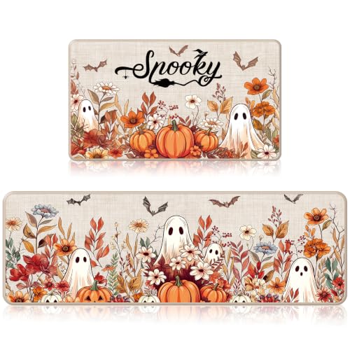 Halloween Kitchen Rugs - Pumpkin Ghost Floral Design, 2-Piece Mat Set