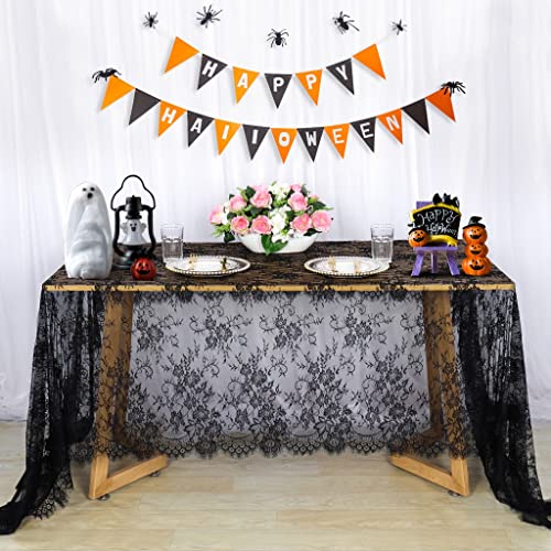 Pardecor Black Embroidered Lace Rectangular Tablecloth 60x120 Inch - Elegant Wedding and Party Decor Variation 001
