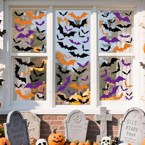 Halloween Window Clings - 6 Sheets, Bat Silhouettes, Reusable Decorations for Indoor & Outdoor Windows