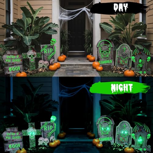 Halloween Tombstone Decorations - Glow in the Dark Outdoor Cemetery Set - 6 Pack with LED Lights - Spooky Yard Decor