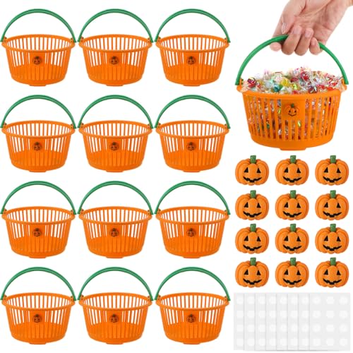 Potchen 12 Pcs Halloween Pumpkin Baskets Bulk Trick or Treat Candy Buckets - Orange & Green