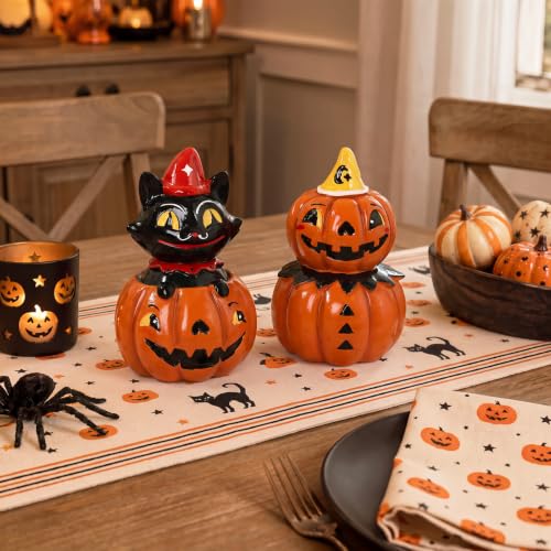 Halloween Decor Black Cat & Pumpkin Resin Figurines - Indoor Festive Table Centerpieces
