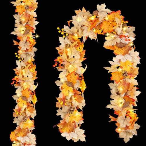 2 Pack Fall Leaf Garland with Lights - 12Ft Autumn Maple String Lights for Thanksgiving Halloween Decorations
