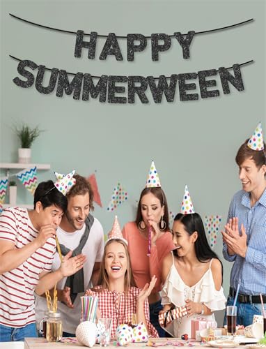 Black Glitter Summerween Banner - Pre-Strung Halloween Birthday Party Decorations