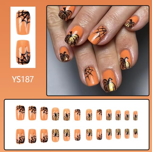 Halloween Press On Nails Medium Gold Pumpkin Design D Nails 4 - Ghost & Spider Web