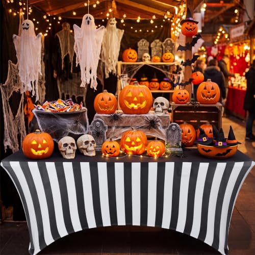 6ft Black and White Striped Spandex Tablecloth Halloween Decoration - Variation 1