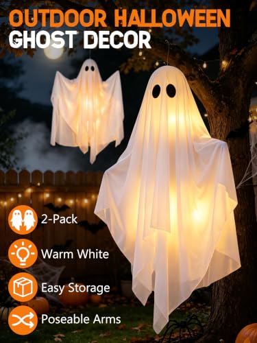 Halloween Ghost Decorations Outdoor Hanging Swing 47IN with LED Lights - Black+White, 2 Pack