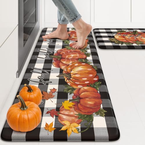 KIMODE Anti-Fatigue Kitchen Mat Set - Black & White Plaid, 2-Piece, 17.3x47 & 17.3x29 Inches, Non-Slip, Thick Cushioned Rugs