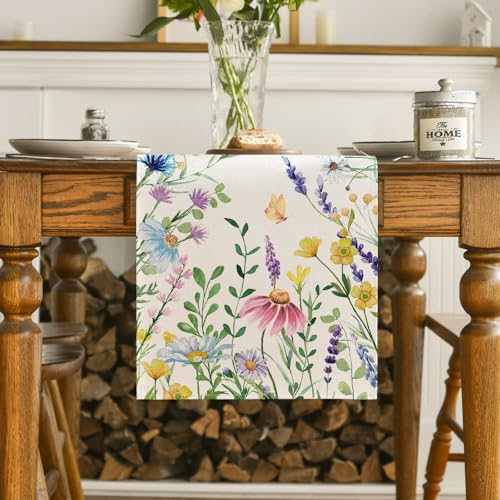 13x90 Inch Floral Table Runner Beige Eucalyptus Lavender Summer Dining Decor
