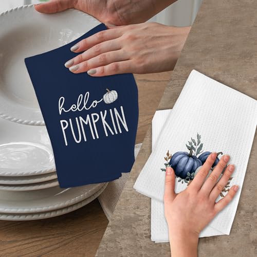 Blue Fall Pumpkin Kitchen Towels Set of 2 - Autumn Farmhouse Decor