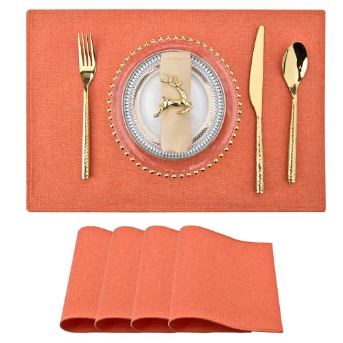 Orange Linen Fabric Placemats Set of 4 - Heat Resistant & Machine Washable