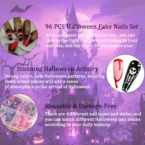 Halloween Press On Nails 96 Pcs with Adhesive Tabs - Pumpkin Spider Bat Design - Halloween Nail Art - Variation: Halloween Nail 1 Box