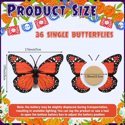 36 Pack LED Monarch Butterfly Night Lights for Day of the Dead Decorations - Warm Orange Glow