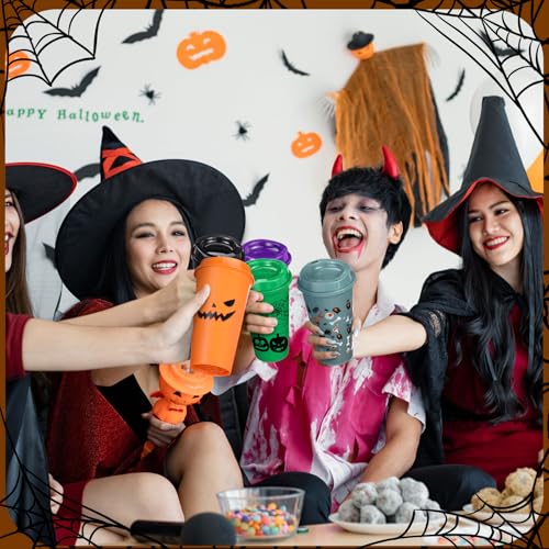 Halloween Reusable Plastic Cups Bulk 16 oz with Lids - Pickmesh 28 Pack Variation