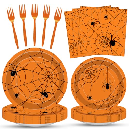 Orange Halloween Spider Web Paper Plates Napkins Party Set - 100 Pcs