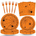Orange Halloween Spider Web Paper Plates Napkins Party Set - 100 Pcs