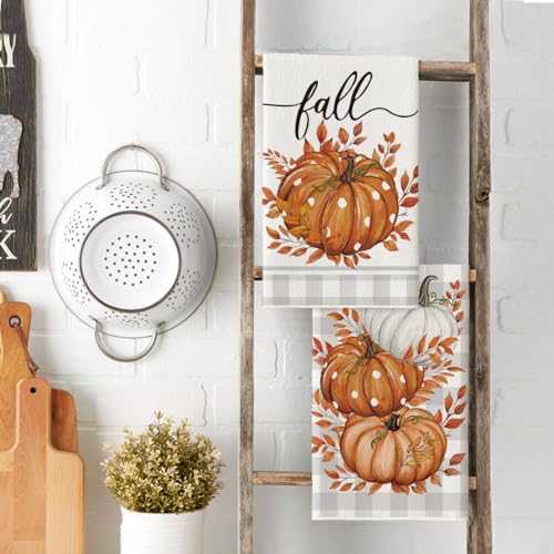 Orange Pumpkin Leaves Fall Kitchen Towels Set of 2 - 18x26 Inch, Absorbent & Soft