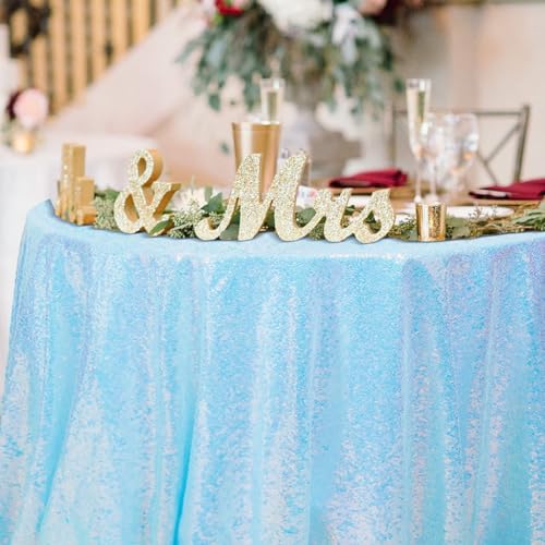 Iridescent Aqua Sequin Round Tablecloth 90 Inch Sparkle Glitter Cover for Weddings & Parties