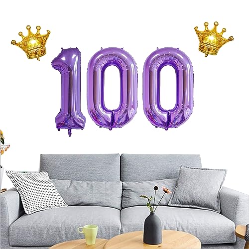 Jumbo 40 Inch Purple 100 Number Foil Balloons with Crown for Birthday & Anniversary Decor