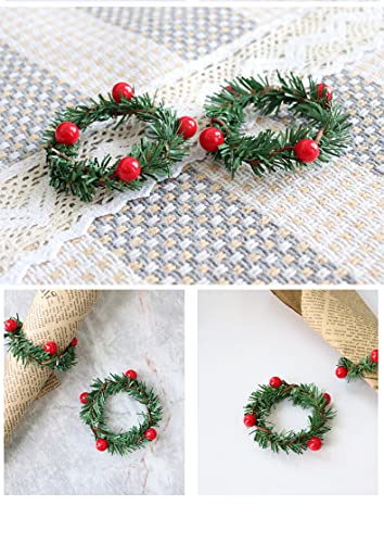 12Pcs Christmas Napkin Rings Pine Needle & Red Fruit Flower Holiday Decor