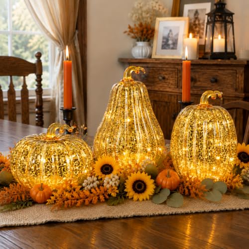 Gold Mercury Glass Pumpkin Light Set - Fall Harvest Halloween Decor