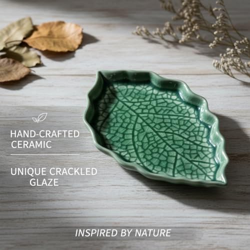 Green Leaf Ceramic Spoon Rest with Ice Crackle Pattern - Kitchen Counter Decor, 1 Piece