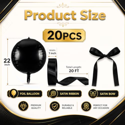 Black 22 Inch Round Metallic Foil Balloons Set - 20 Pieces with Ribbon - Birthday, Wedding, Halloween Decorations