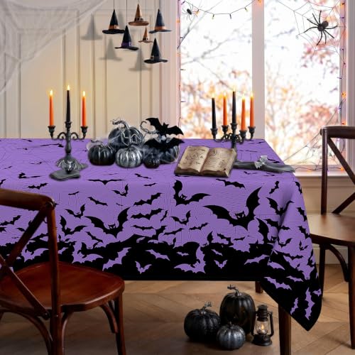 Halloween Rectangle Tablecloth 60 x 84 Inches with Spiderweb and Bat Design - Purple