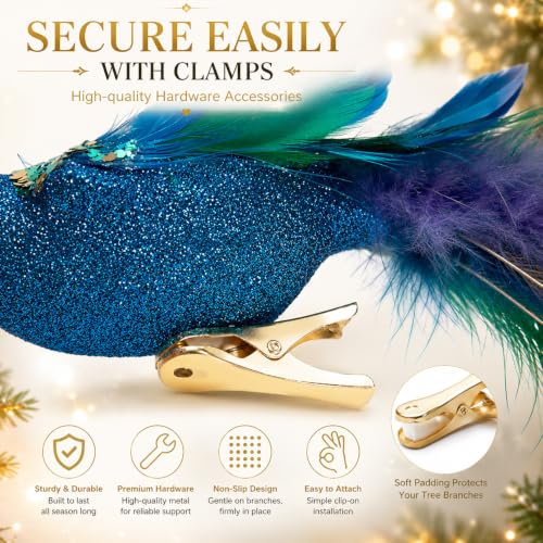 2 Pack Christmas Peacock Feather Ornaments with Glitter Clip-On Decor - Blue