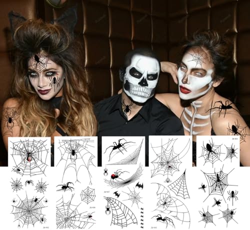 Halloween Spider Web Temporary Tattoos Kit - 9 Sheets Face & Body Decals for Kids & Adults