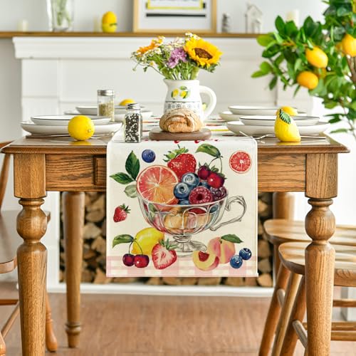Seasonal Table Runner 13x90 Inch - Beige & Pink Fruits Pattern for Dining & Home Decor