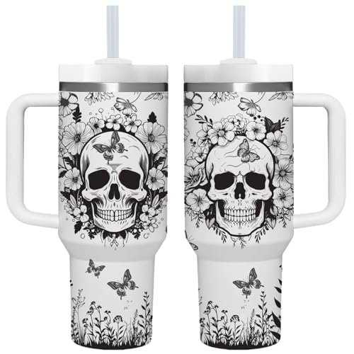 White Skull Goth Tumbler with Handle - 40 OZ Skull Lover Gift for Women