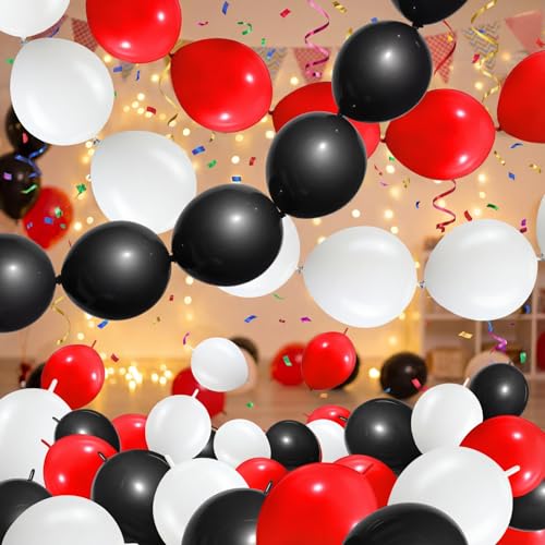 Link Balloons Set 10 Inch Latex Party Balloons in Red Black White - 100 Pack with Link Tail