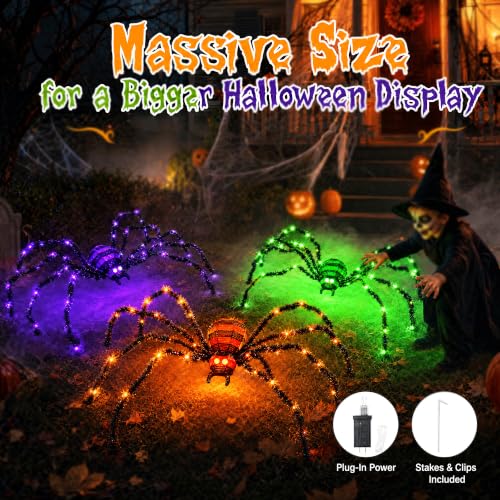 Giant Lighted Halloween Spider Set - 4.1 Ft Creepy Yard Decorations with 8 Lighting Modes