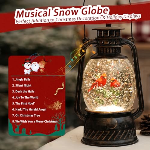 Lighted Musical Cardinal Snow Globe Christmas Decorations - Indoor Lantern with Glitter & 6H Timer - Cardinal Variation