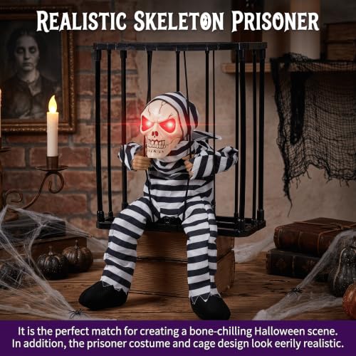 Outdoor Caged Skeleton Prisoner Halloween Decoration with Red LED Eyes & Sound