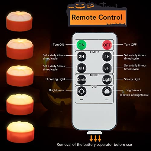 Orange LED Flameless Pumpkin Lights with Remote - 6 Pack Halloween Candle Decor