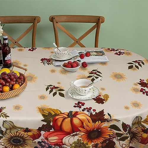 Pumpkin Sunflower Fall Thanksgiving Double Border Tablecloth - Oval 60 x 102 Inches