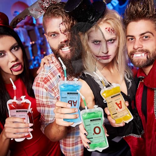 Halloween Blood IV Bags for Drinks - 60 Pack Reusable Container with Syringes & Clips - Variation: 60 Bags & 3 Syringes