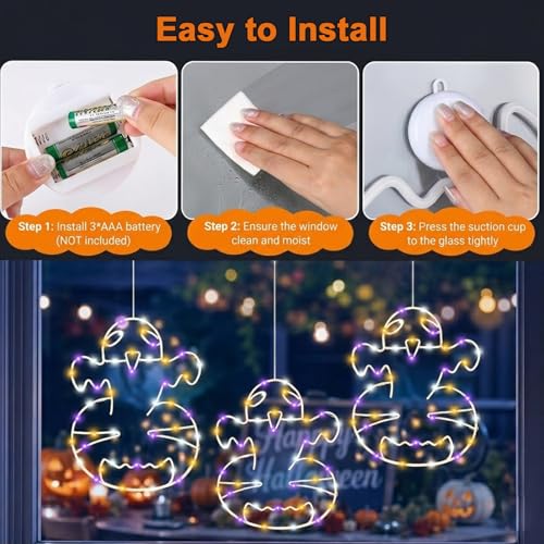 Halloween Ghost Window Lights Set - Orange, White & Purple Lights with Timer & Suction Cups - Spooky Decor for Home & Party