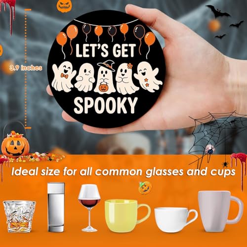 Halloween Coasters Set of 6 Ceramic Ghost Pumpkin Drink Protectors with Holder