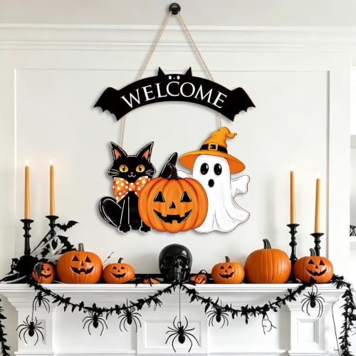 Large Wooden Halloween Ghost Door Wreath - Black & Pumpkin Decor for Front Door