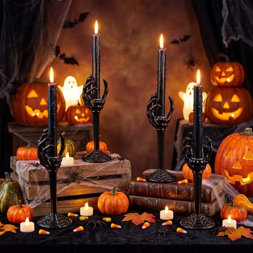 Halloween Skull Taper Candle Holders - Skeleton Hands, Black, 2 Pack