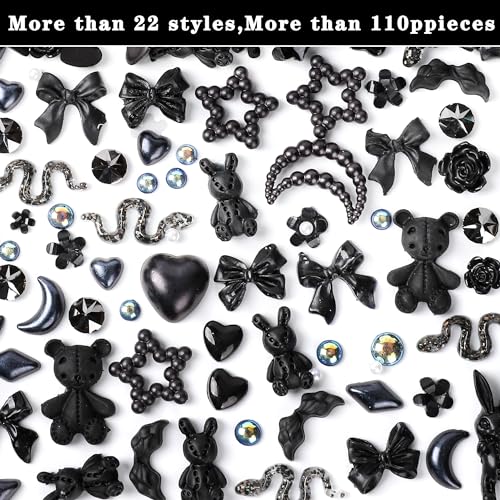 3D Nail Charms Set Black +2 - 110 Mixed Decors for Acrylic Nails, Nail Art & DIY Crafts